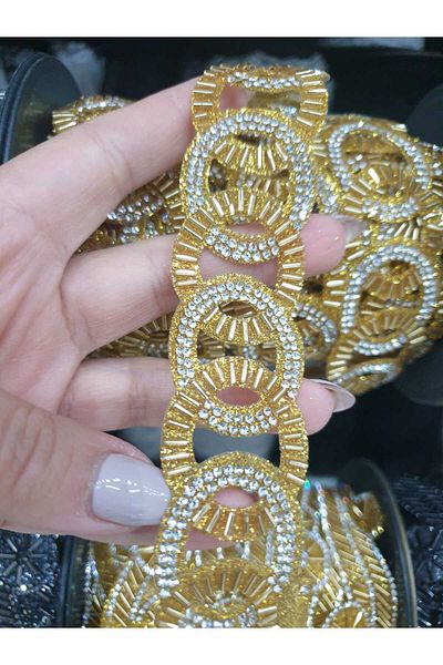 ESRA ŞELEM Gold Colored Rhinestone Beaded Circular Strip - Iron-On Accessory, Clothing and Hobby