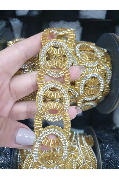 ESRA ŞELEM Gold Colored Rhinestone Beaded Circular Strip - Iron-On Accessory, Clothing and Hobby