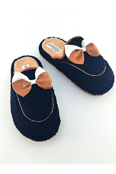 Bİ AYAKKABI Papuci de iarnă pentru femei, cu fundă de pluș, cu papion negru