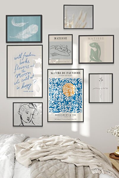 Postifull Siyah Tablo Seti, 8 Adet Çerçeve Seti,Mavi Vintage Temalı Galeri Poster Seti NO:040