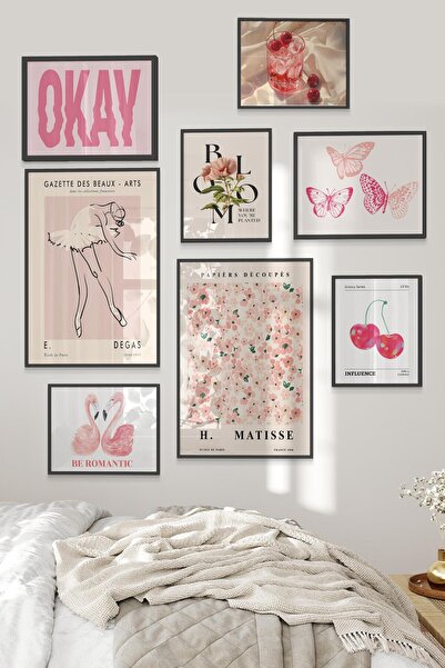 Postifull Siyah Tablo Seti, 8 Adet Çerçeve Seti,Pastel Doknuşlar - Pembe Düşler Temalı Galeri Poster Seti NO:0