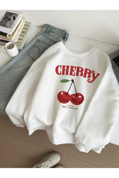Sweetline سويت شيرت أبيض بطبعة Cherry-Happy - شتوي سميك للجنسين