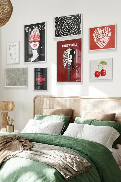 Postifull Beyaz Tablo Seti, 8 Adet Çerçeve Seti,Urban Rhyhtm - Kırmızı Vintage Temalı Galeri Poster Seti NO:00