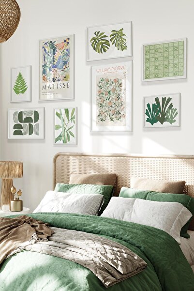 Postifull Beyaz Tablo Seti, 8 Adet Çerçeve Seti,Yeşil Minimalist Temalı Galer...