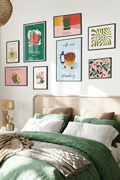 Postifull Siyah Tablo Seti, 8 Adet Çerçeve Seti,Rengarenk İllustrasyon Mutfak...