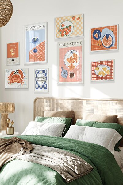 Postifull Beyaz Tablo Seti, 8 Adet Çerçeve Seti,İllustrasyon Mutfak Temalı Galeri Poster Seti NO:045