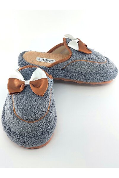 Bİ AYAKKABI Gri Papyon Fiyonk Peluş Kışlık Kadın Terlik