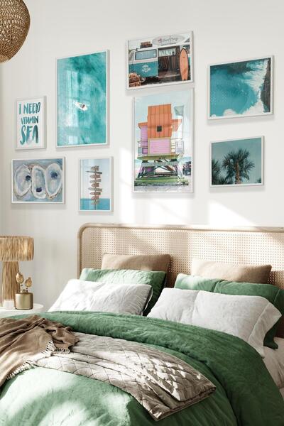 Postifull Beyaz Tablo Seti, 8 Adet Çerçeve Seti,Coastal Kovboy - Mavi Sahil Temalı Galeri Poster Seti NO:002