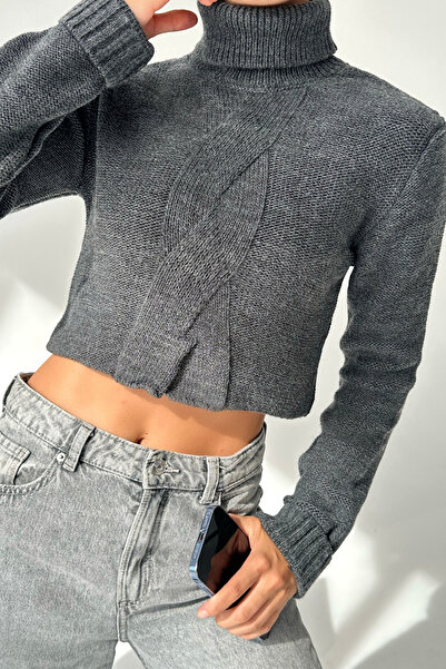 LOOSH Kadın Gri Balıkçı Yaka Örgü Desen Crop Kazak