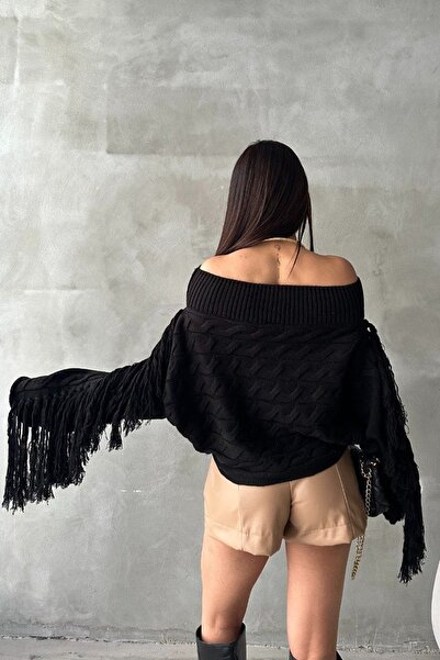 vuvutasarım Střapec Detailní Široký rukáv Boat Neck Dlouhý rukáv Crop Strih Černý pletený svetr 1276