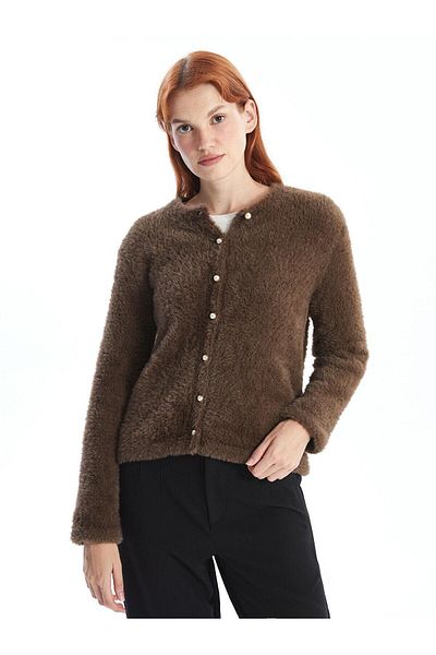 LC Waikiki Γυναικεία πλεκτή ζακέτα LCW Modest Crew Neck μονόχρωμη μακρυμάνικη