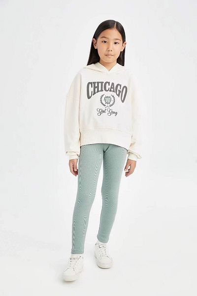 DeFacto 2-teiliges Set für Mädchen mit Kapuze, bedrucktem Sweatshirt, elastischem Bund, geripptem Camisole-Leggings D0730a824au