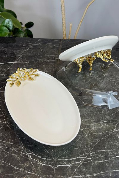 MAY HOME Bron 2-Piece Oval Porcelain Presentation Plate & Footed Plate