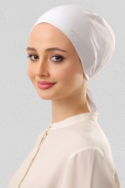 FLORA TEKSTİL White Seamless Hijab Combed Cotton Bonnet - Non-Slip, Lace-Up Bonnet 241410