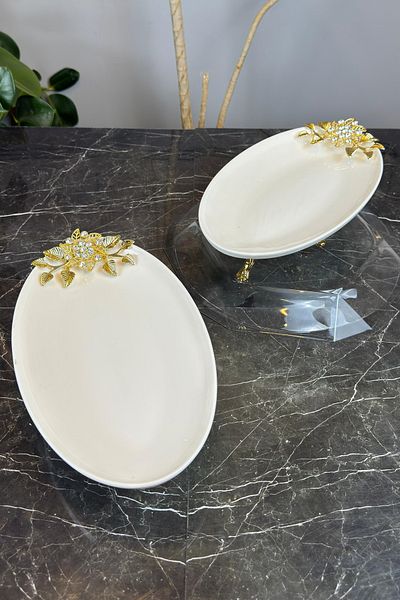 MAY HOME Bron 2-Piece Oval Porcelain Presentation Plate & Footed Plate
