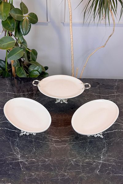MAY HOME Luxury Porcelain Tableware Presentation Set 1 Round 2 Oval Gold Footed Dinner Cake Cookie Plate