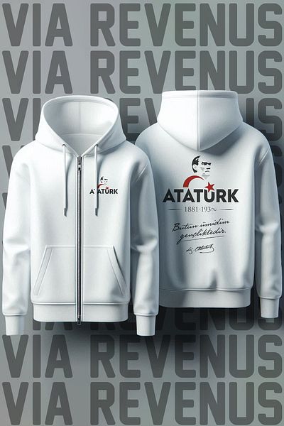 Vordevia Ataturk Front and Back Printed Unisex Zippered Hooded White Sweatshirt Cardigan