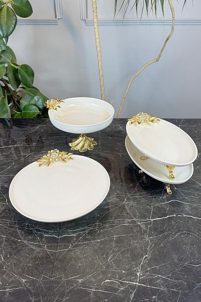 MAY HOME 4 Piece Bron Gold Porcelain Tableware Serving Set - Food, Salad and Appetizer Plate
