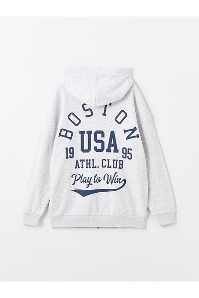 LC Waikiki Xside Hooded Printed Long Sleeve Oversize Women's Zip-Up Sweatshirt