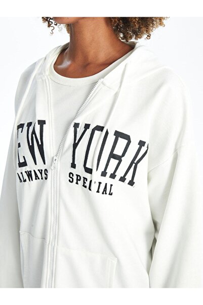 LC Waikiki XSIDE Kapüşonlu Baskılı Uzun Kollu Kadın Fermuarlı Sweatshirt