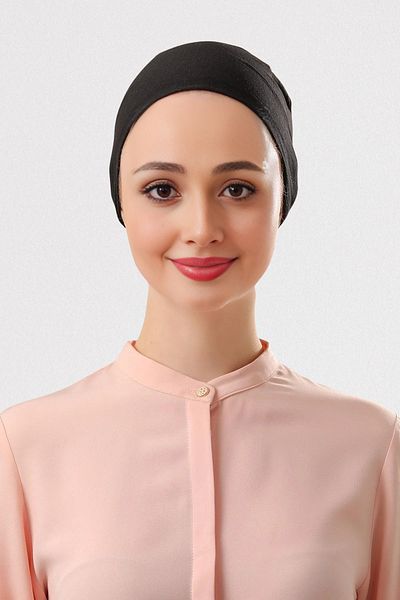 FLORA TEKSTİL Black Hijab Combed Cotton Bonnet - Practical Seamless and Non-Slip, Lace-Up Bon 241410