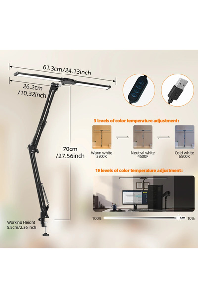 choice2 Black Type B Double Head Table Lamp with Clip Stepless Dimmable Compu...