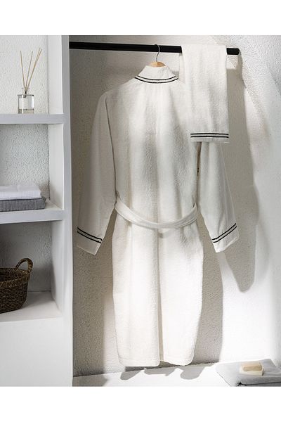 Madame Coco Rouen 100% Cotton Unisex Bathrobe - Ecru/Black - Luxury Collection