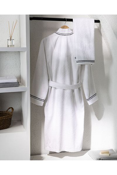 Madame Coco Rouen 100% Cotton Unisex Bathrobe - White/Navy Blue - Luxury Collection