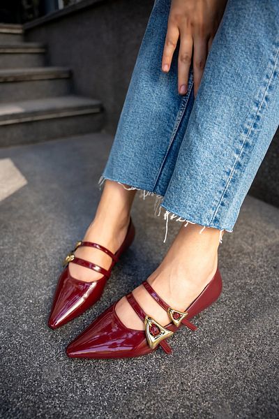 LAMİNTA Balerini de damă Viky Burgundy din piele lacuită cu curea dublă cu cataramă aurie