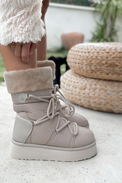 Shoebutik Γυναικείες μπότες Avila Beige Lace Detail Λούτρινο Parachute