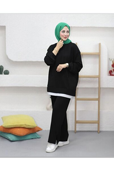 ModaTrendy Ριγέ γαρνιρισμένο φαρδύ πόδι μαύρο σετ