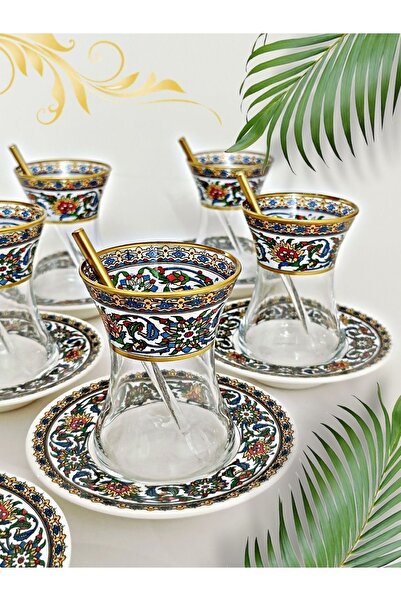 SAMSA Altın Bitkisel Çini Desenli Cam Porselen 6 Kişilik Çay Seti Tea Set For...