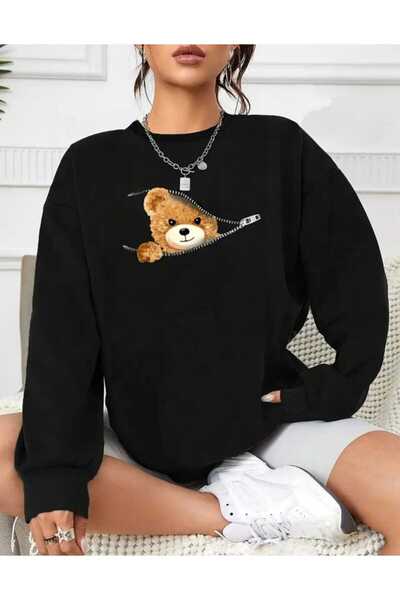 mia storia Γυναικείο φούτερ με στάμπα Teddy Bear με φερμουάρ Crew Neck Oversize