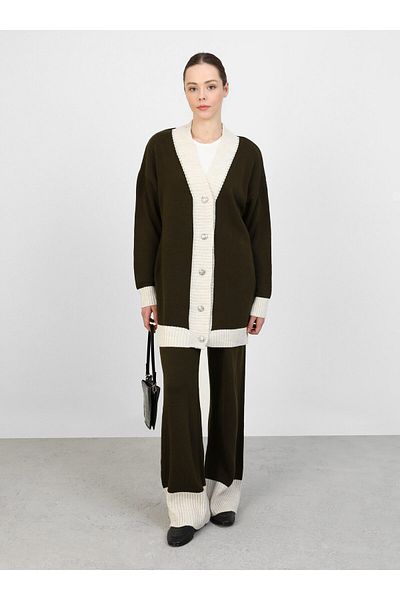 Refka Khaki Color Double Knitwear Set - Cardigan and Trousers