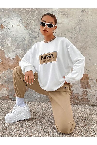 MODARİCH Nasa Designed Crew Neck Jogger Tracksuit Set - White Beige Printed Sweatshirt and Bottoms