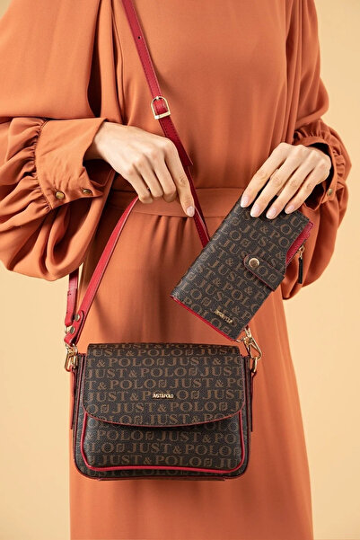 Just Polo حقيبة كتف نسائية متوسطة الحجم مكونة من 3 أقسام وحزامين ومحفظة