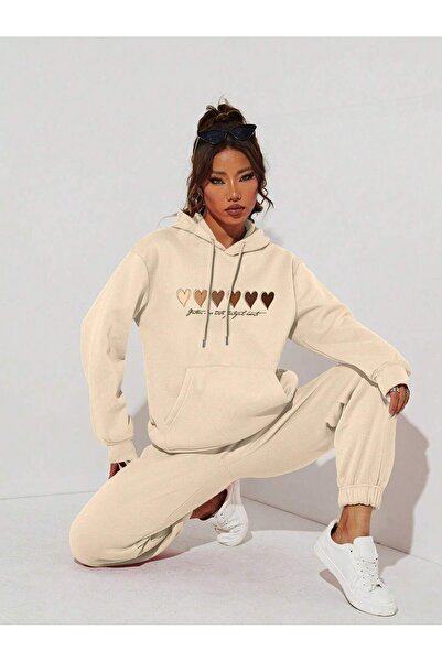 Cool Art Yazılı Kalpler Sweatshirt Eşofman Altı Jogger - Bej Baskılı Eşofman Takımı Kapüşonlu