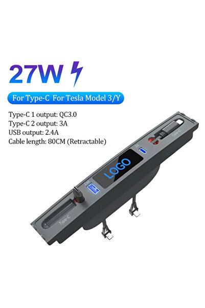 Choice for Type-C 2 For Tesla Model 3 Y Docking Station 27W Quick Charger USB LED Shunt Hub Extension Cente