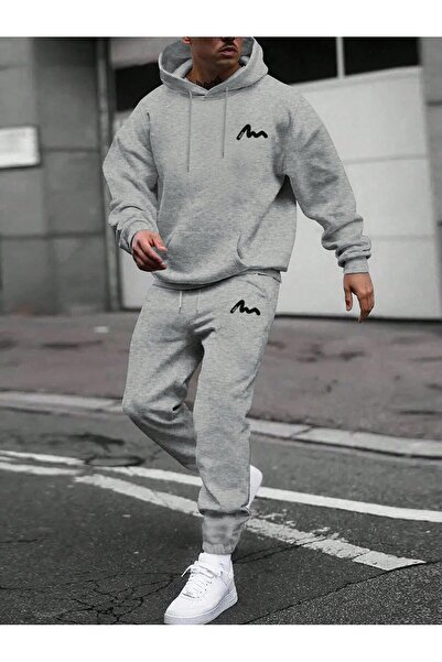 Trendglow Enjoy Çizgi Sweatshirt Sweatpants Jogger - Gray Printed Tracksuit Set Hooded