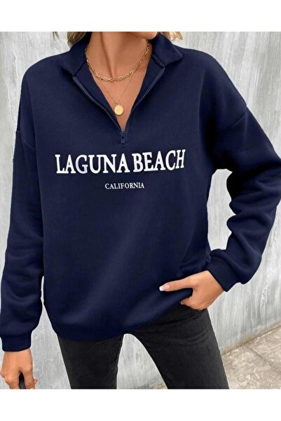 SeusCraft Φούτερ Laguna Beach με μισό φερμουάρ - Ναυτικό μπλε με στάμπα, υπερ...