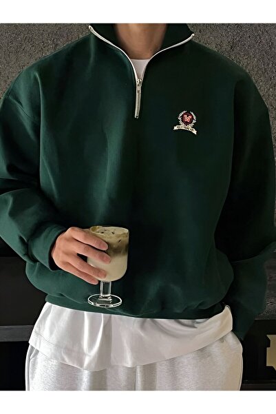 MODARİCH Φούτερ με λογότυπο W με μισό φερμουάρ - Πράσινο Nefti με στάμπα με ό...