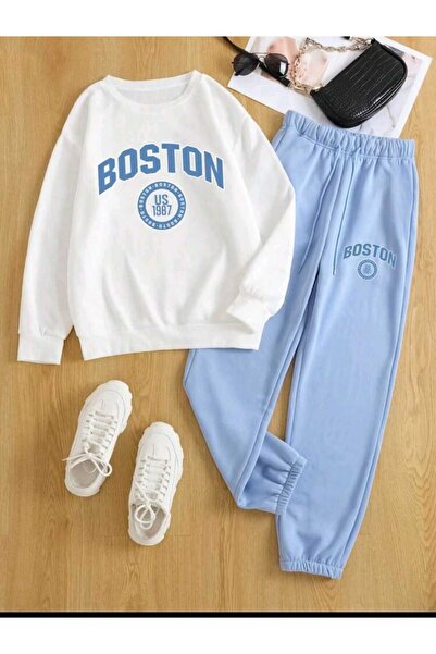 MODARİCH Boston 1987 Jogger Sweatpants - White Baby Blue Printed Crew Neck Tr...
