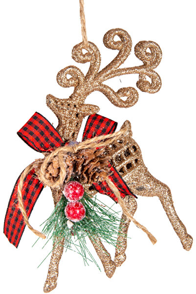 Herdekora Yılbaşı Ağaç Süsü Ekose Desenli Kurdelalı Simli Geyik Gold  8x15 Cm.