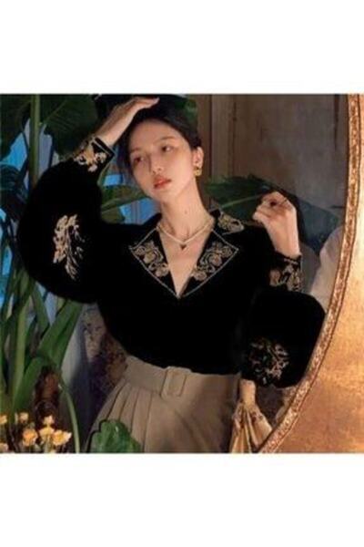 TRENDBUTİKOFFİCİAL Γυναικείο μαύρο κεντημένο πουκάμισο