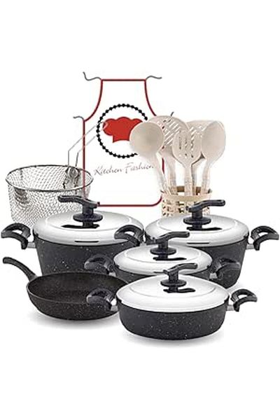 MISTERCOOK Mister Cook 18-piece Black Granite Cookware Set – 4 Casseroles With Steel Lids