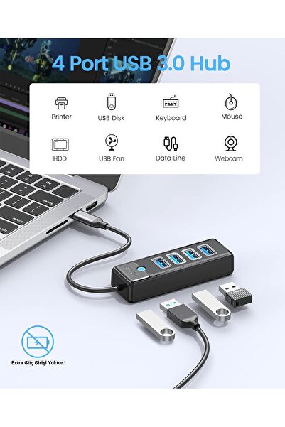 Orico Type-c To Usb-a 3.0 4 Portlu Ultra Slim Usb Çoklayıcı Hub Siyah