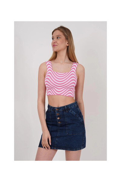 Cotton Mood 23256429 - Pink Knitwear Zebra Patterned Square Collar Crop Tank Top