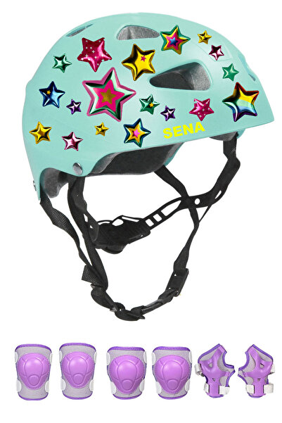 Sportaj Turkuaz Çocuk Kaskı Yıldızlar ve Harfler Stickerlı Spor Koruyucu Kask...