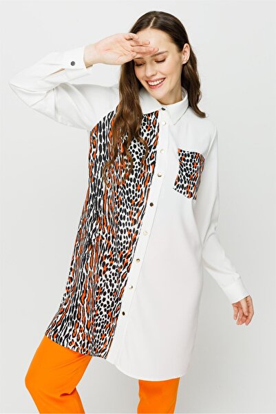 Esswaap Leopar Baskı Detaylı Şık Tunik Oranj