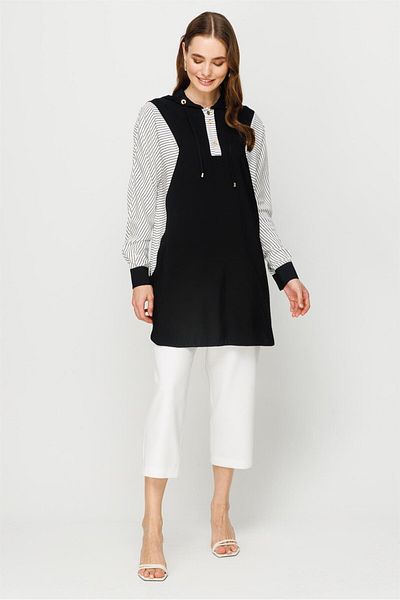 Esswaap Garni Detailed Comfortable Fabric Hooded Tunic Black